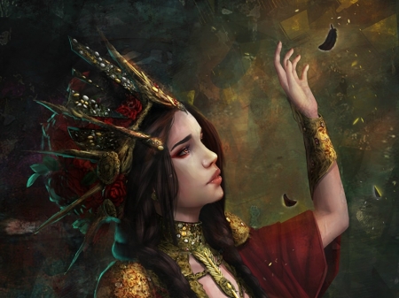 Farewell - girl, farewell, jewel, fantasy, hand, red, art, luminos, julijana mijailovic