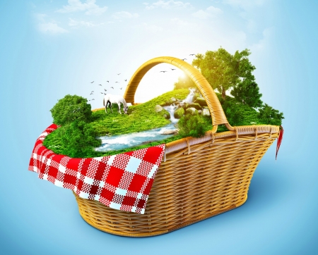 Happy Summer! - blue, creative, horse, picninc, basket, fantasy, funny, red, green