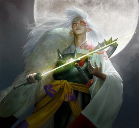 Sesshomaru - moon, sesshomaru, fantasy, sangsoo jeong, sword, man, art, luna