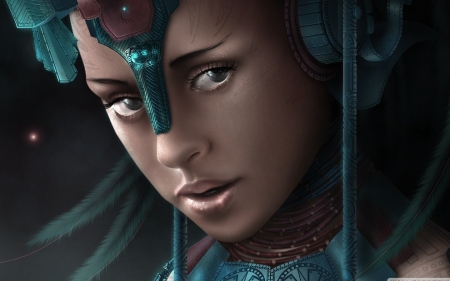 Warrior girl - face, warrior, fantasy, black, luminos, girl, blue