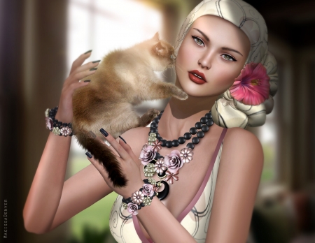 Girl with cat - girl, blonde, flower, pink, jewel, cat, fantasy, pisica, magissadenver, rendering, luminos