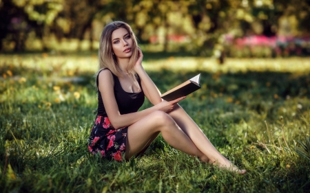 Lovely Girl - grass, woman, book, model