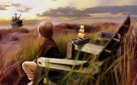 Waiting - boy, outdoor, art, ship