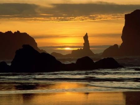 Beach Sunset - nature, sky, ocean, beach, rocks, waves