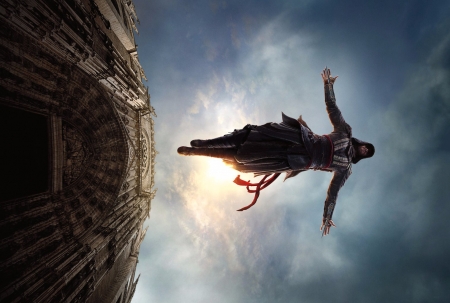 Assassin's Creed (2016) - fantasy, poster, assassins creed, blue, movie, view from down, man