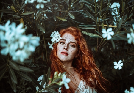 Beauty - white, redhead, woman, freckles, model, girl, flower