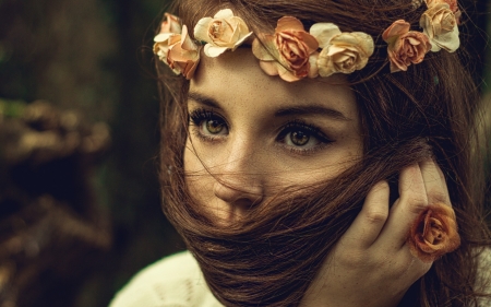 Beauty - woman, girl, eyes, hand, wreath, model, flower