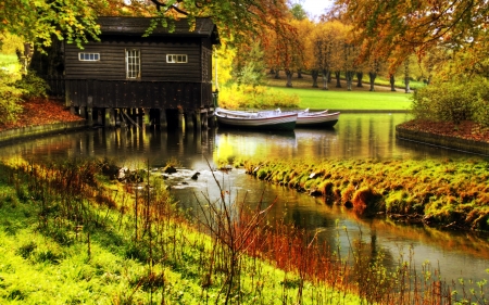 Autumn Time in Nature - trees, boats, river, cabin, stones