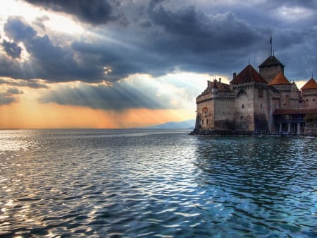 The Sunset on Chillon Castle - clouds, sunset, nature, sea, castle, sky