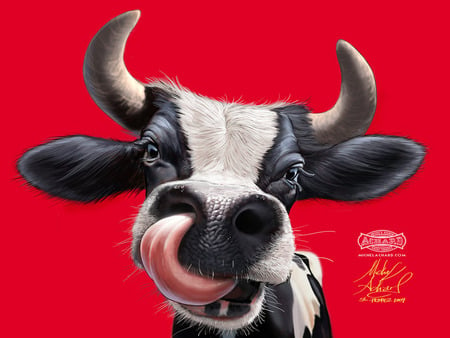 Hi Iz Ha Cowz - nose, milk, cow, tongue, gross, black and white, funny, horns, art, 3d, drawn