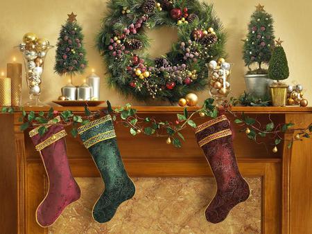 Stockings - abstract, trees, wreath, stockings, candles, mantle, bulbs