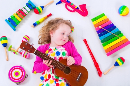 Little girl - view from the top, girl, guitar, colorful, child, instrument, copil, pink, cute