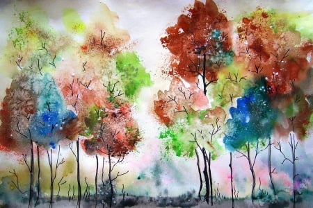 Trees - red, blue, art, pictura, watercolor, tree, painting, autumn, colorful, green