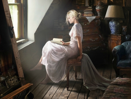 Girl reading - woman, girl, room, book, white, painting, art, window, luminos, pictura