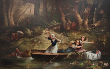 Capture of the Calloway girls and Jemima Boone - capture of the calloway girls and jemima boone, forest, karl bodmer, boat, indians, pictura, 1835, river, luminos, painting