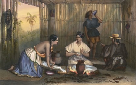 Preparing food - woman, drink, people, c fog, indians, natives, painting, luminos, man, pictura, food