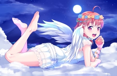 Angel - moon, sky, girl, wings, kanabun, fruit, white, cloud, pink, blue, anime, luna, manga