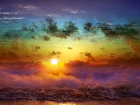 Waves in the clouds - clouds, nature, beach, waves, sea, sun, sky