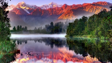 Lake Matheson,New Zealand - lake, mountains, sunlight, fog, trees, nature, snow