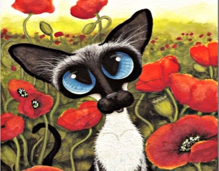 Beautiful Eyes - red, black, flowers, cat, large, eyes, blue, nature, green