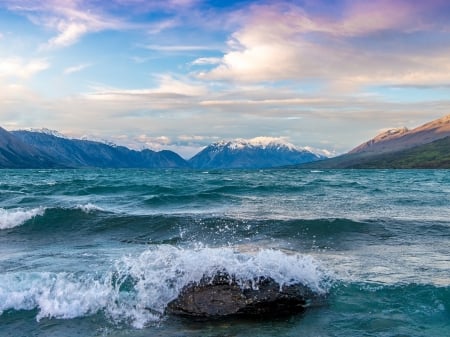 Ocean Waves - nature, sky, ocean, clouds, mountains, waves