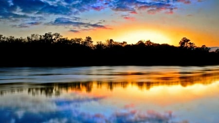 River Sunset - clouds, river, trees, sunset, nature, beach, sky