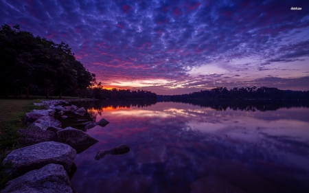 blue and purple sunset - sunset, reflection, purple, blue