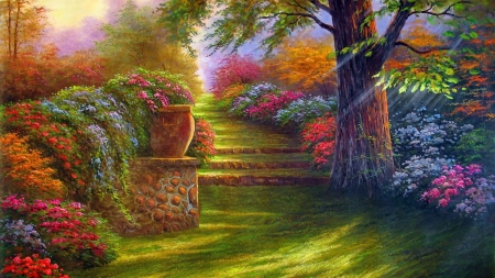 Park - colorful, pictura, painting, flower, art, tree, park, luminos