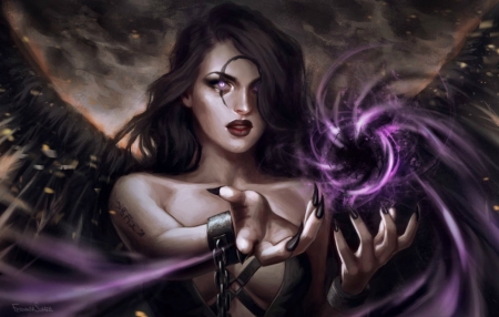 Desolation upon the sky - purple, fantasy, loc, hand, luminos, girl, fdsuarez, art