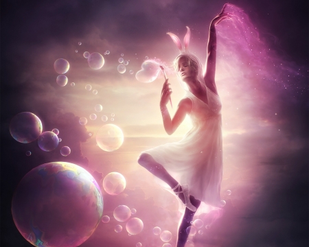 The sunshine rabbit by Marc Zimmermann - pink, bubbles, girl, marc zimmermann, frumusete, ballerina, white, rabbit, fantasy, ears, luminos, dancer, sunshine