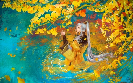 Under the ginko biloba tree - water, yellow, blue, man, tree, fantasy, toamna, autumn, leaf, ginko biloba, asian, luminos