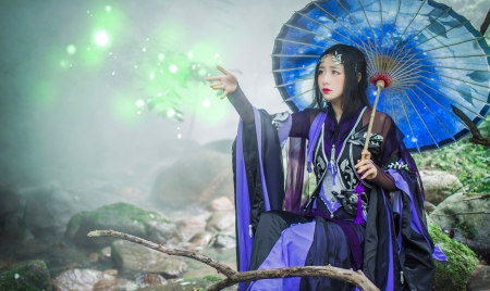 Green Magic - digital, pretty, beautiful, girl, blue, art, fantasy, geisha, asian, parasol, woman, green