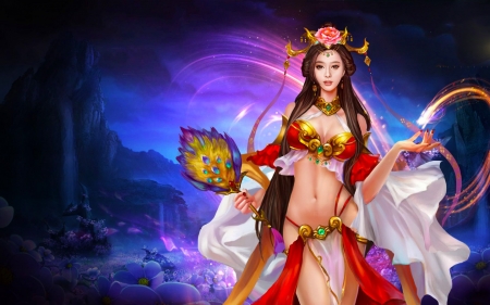 Asian Beauty - woman, beauty, fan, girl, crown, asian, fantasy, art, pretty, beautiful, digital