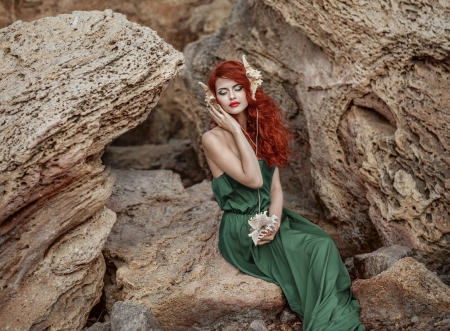 Mermaid - woman, redhead, girl, irina dzhul, model, mermaid, sirena, green, rock