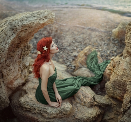 Mermaid - sirena, summer, rock, girl, irina dzhul, redhead, mermaid, green, woman, model