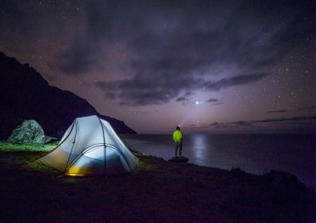 A light in the dark - Tent, Light, Nature, Night, Lake, Sky, Camping