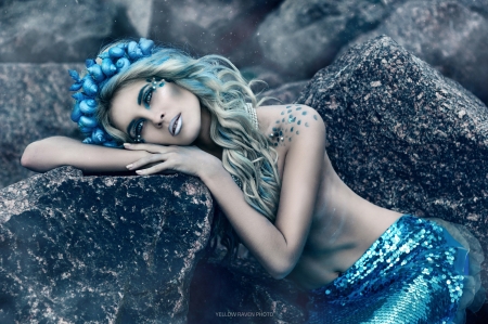 Mermaid - woman, tale, girl, summer, creative, fantasy, model, face, yellow raven photo, mermaid, hand, blue, sirena, rock