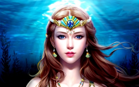 Mermaid - sirena, water, summer, blue, girl, frumusete, fantasy, mermaid, face