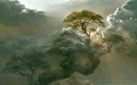 Among the clouds - treehome, tree, among the clouds, fantasy, green, cloud, art, luminos, sky