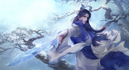 Asian prince - white, handsome, man, blue, sword, asian, fantasy, feimo