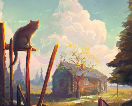 Home - cloud, animal, cat, art, pisica, fantasy, pictura, home, sylar113, house, tree, painting, speed