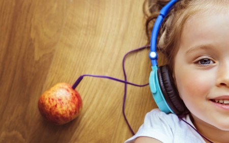 Apple music - face, headphone, music, funny, apple, cute, little girl, fruit