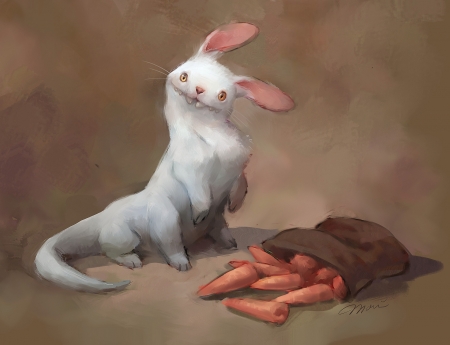 Bazyl the carrot eater - magda proski, funny, fantasy, bunny, white, art, rabbit, luminos, bazyl, orange, carrot