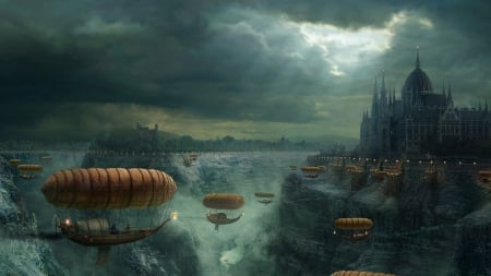 Fantasy world - cloud, sky, fantasy, world, air balloon, city, luminos, art