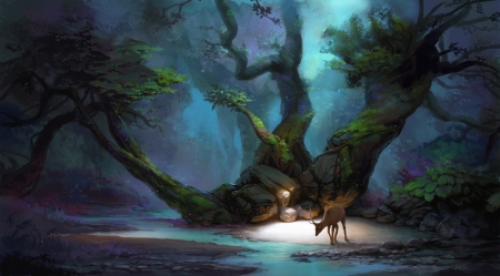 Deer - water, blue, tree, fantasy, animal, world, deer, art, luminos