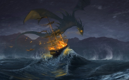 Dragon - water, ship, yellow, blue, art, fire, fantasy, storm, dragon, luminos, waves