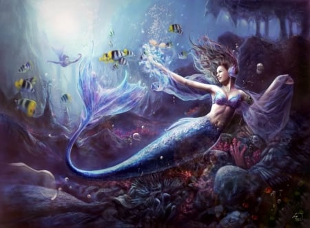 Mermaid - moon, sirena, summer, blue, pink, fantasy, mermaid, underwater, fish, art, wei chang, luminos, luna