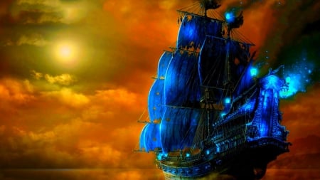 Ship - fantasy, game, ship, orange, sunset, blue