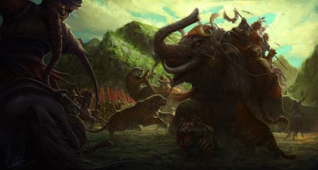 Tiger's attack - attack, fantasy, tiger, a zhi, dark, elephant, art, green