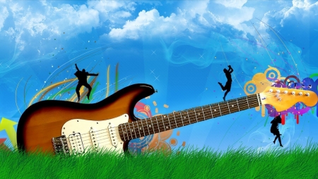 Have fun! - summer, people, blue, grass, creative, music, swing, guitar, fantasy, instrument, green, dance